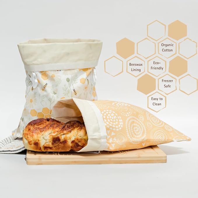 Reliable Rhodes Reusable Beeswax Bread Bag 2 Pack –12x17 Bread Bag for Homemade Sourdough, Beeswax Coated Organic Cotton Storage Bag for Loaf Baguette, Freezer Safe, Eco-Friendly Wrap Honeybee