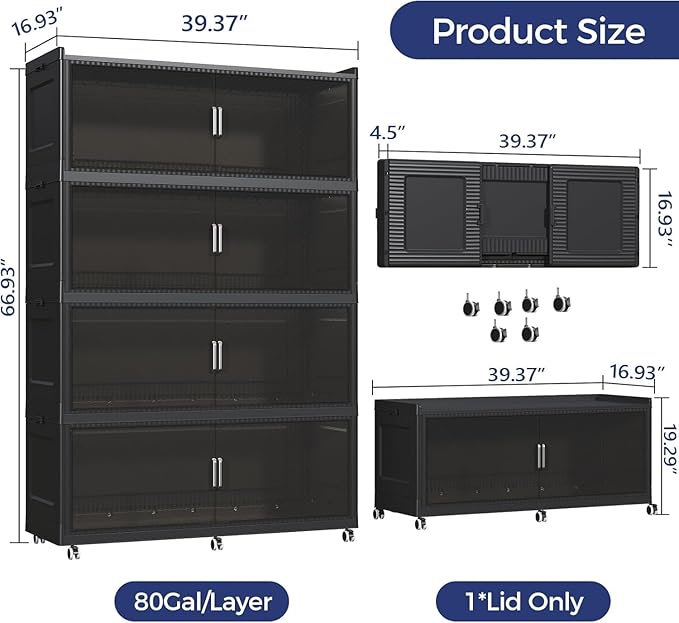 QAVABIN 320GAL Extra Large Storage Bins with Lid, 1280QT Collapsible Organizer with Wheels, Stackable Closet Cabinet with Doors, Folding Storage Containers for Home, Office, Kitchen, 4Pack Black