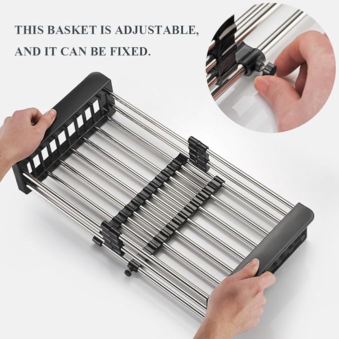 Expandable Dish Drying Rack Over The Sink, Stainless Steel Drainer Basket with Adjustable Arms for Dishes, Vegetable and Fruit (Black)