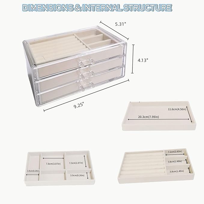 Clear Acrylic Jewelry Box With Drawers, Transparent Acrylic Jewelry Storage Can Be Stacked,Velvet Tray Can Be Adjusted For Storing Earrings Rings Bracelets Necklaces Gift for Women Girls.