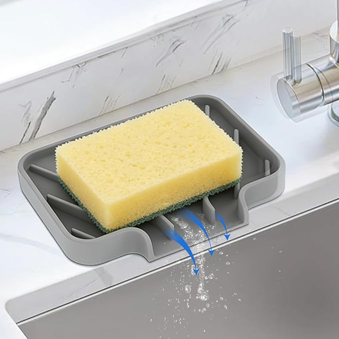 Silicone Soap Dish for Shower and Bathroom - Small Bar Soap Holder with Self Draining Spout - Non-Slip Sink Tray Organizer for Kitchen Counter and Narrow Ledge, Gray (3.5" x 5")