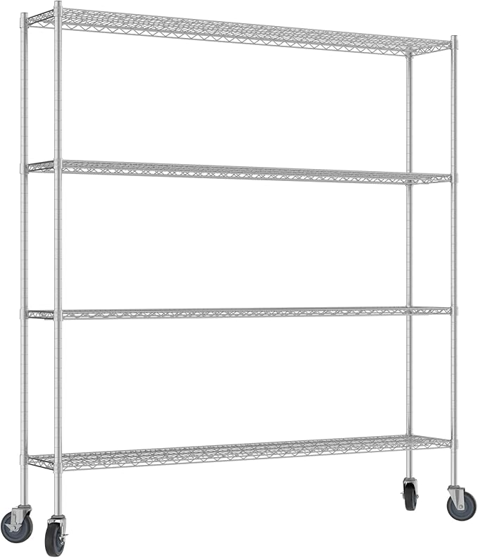 Commercial NSF Listed Chrome Mobile Wire Shelving Kit 14" x 72" x 80", with 4 Shelves Perfect for Warehouse, Walk-in Refrigerator, Freezer, Grocery Store, Restaurant, Dishroom
