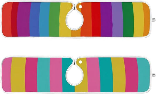 2 PCS Kitchen Sink Splash Guard 23.6 Inch Faucet Mat for Kitchen Sink Bathroom Sink Faucet Absorbing Drip Drain Mat Pad Microfiber Soft Washable Colorful Stripes