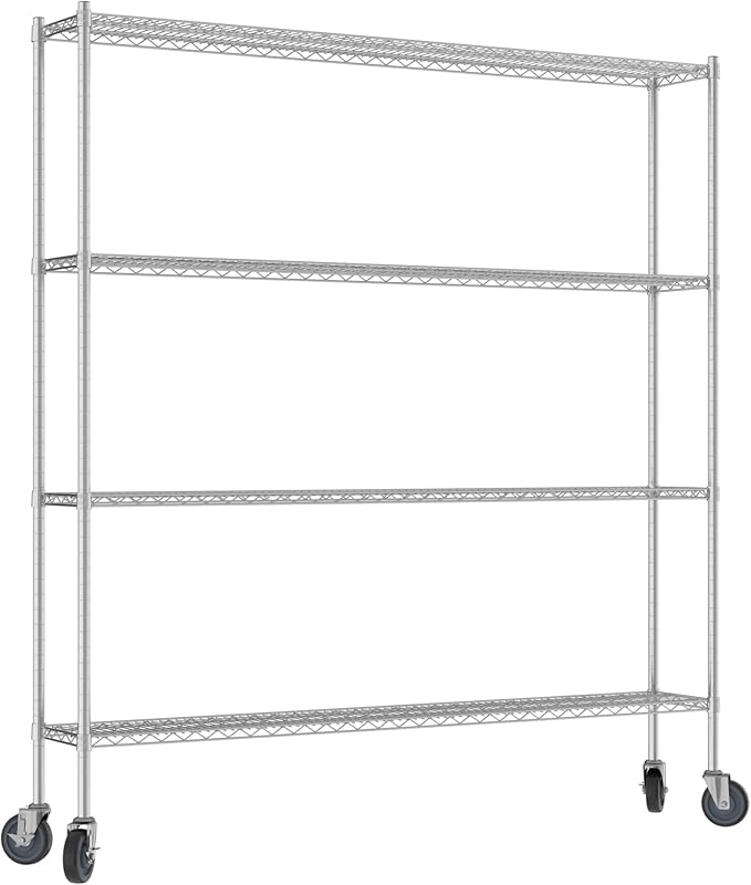 Commercial NSF Listed Chrome Mobile Wire Shelving Kit 12" x 72" x 80", with 4 Shelves Perfect for Warehouse, Walk-in Refrigerator, Freezer, Grocery Store, Restaurant, Dishroom