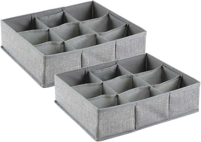 mDesign Soft Fabric 9 Section Dresser Drawer and Closet Storage Organizer for Child/Kids Room, Nursery, Playroom - Divided Large Organizer Bin - Textured Print with Solid Trim, 2 Pack - Gray