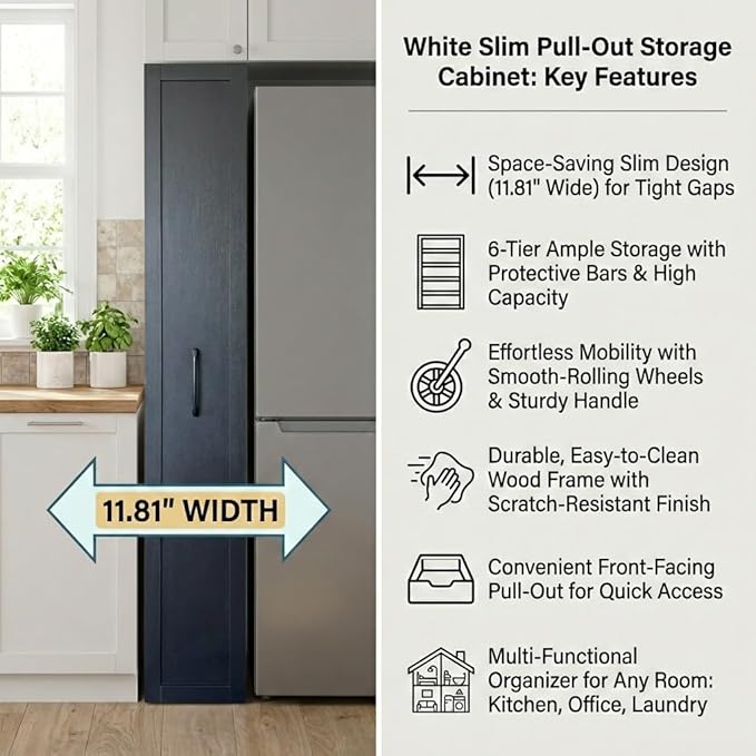 Slim Rolling Storage Cart, 6-Tier Pull-Out Spice Rack with Handle & Wheels, Narrow Kitchen Organizer for Next to Fridge, Pantry, Laundry Room, 11.8 Inch Wide Space Saver(Black)