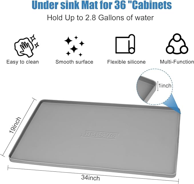 BEESVO Under Sink Mat for Kitchen Waterproof, 34" x 19" Silicone Under Sink Liner Kitchen & Bathroom Cabinet Protector Mats, Heavy Duty Flexible Under Sink Drip Tray with Lip, Cool Grey