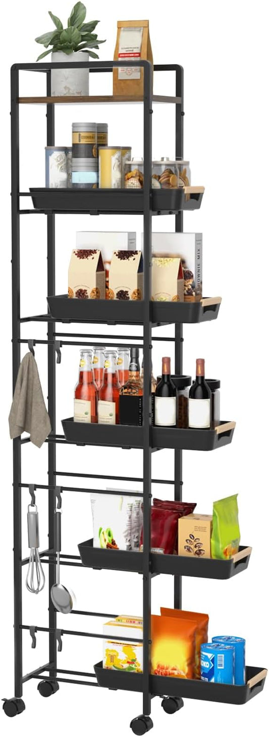 6 Tier Slim Storage Cart with Pull-Out Baskets Rolling Cart with Wheels Wood Top Narrow Utility Cart Metal Shelving Units for Pantry Laundry Room Bathroom Kitchen Black 8in(W)