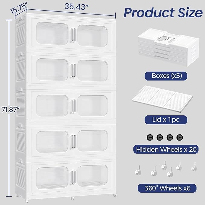 KuyiGame 250Gal Exra Large Stackable Storage Bins with Lid, 1000QT Collapsible Storage Box with 6x Wheels, Folding Plastic Cabinet Container with Door Drawer for Home Kitchen Office Dorm, 5Pack White