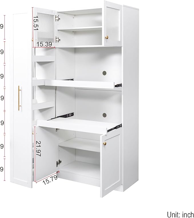 70.87" Tall Kitchen Pantry Cabinet with 7-Tier Pull-Out Shelf, Glass Doors, Countertop & 4 Doors, Freestanding Wood Hutch Cupboard for Dining Room, Coffee Bar, or Kitchen Storage, White