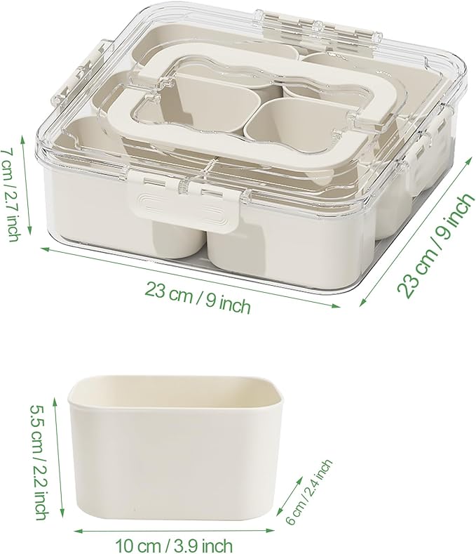Divided Serving Tray with Lid and Handle, Portable Snack Box Container, 6 Compartments Veggie Fruit Snackle Tray,Charcuterie Box Container for Party, Travel, Entertaining,Picnic, MEDIUM SIZE