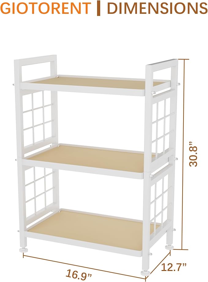 GIOTORENT 3-Tier Pantry Shelves with Wooden Boards, Heavy Duty Storage Shelves & Book Shelf, Adjustable Metal Shelving Unit for Kitchen Bathroom Laundry Organizer, Sturdy Rust-Resistant, White