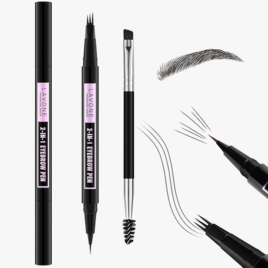 LAVONE Eyebrow Pencil, 2-In-1 Waterproof Eyebrow Pen, with 3 Tip Microblading Eyebrow Pen and Ultra-Precise Brow Pencil, Dual-ended Eyebrow Brush, for Eyebrow Makeup - Dark Grey