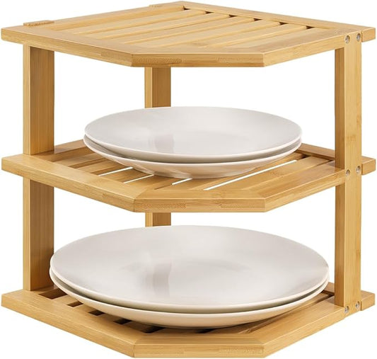 Bamboo Plate Organizer Kitchen Cabinet Organizer 3 Tier Corner Counter Shelf for Plate Dish Bathroom Countertop Shelves, Natural