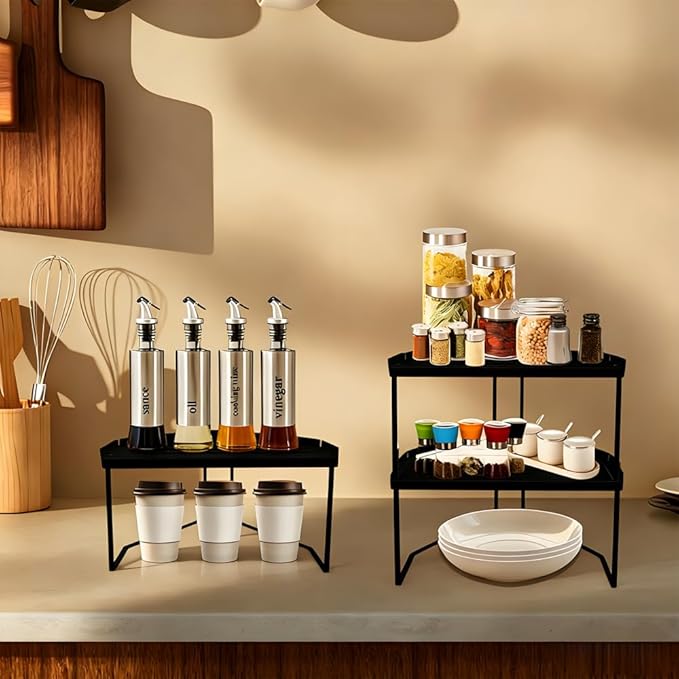 AKAZA 2-Tier Black Corner Shelf Organizer, Stackable Metal Kitchen Cabinet Shelf with Non-Slip Mat, Storage Rack for Bathroom, Countertop, Utensils & Cabinet Organization