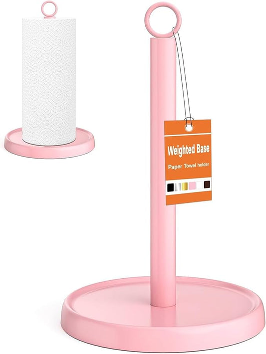 Pink Paper Towel Holder Countertop, Pink Kitchen Accessories Decor, Stainless Steel, Paper Towel Stand Holder for Bathroom Farmhouse Essentials with Weighted Base
