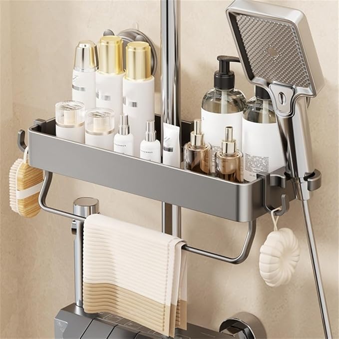 Shower Holder for Soap and Bath Essentials, Suction Cup Wall-Mounted Organizer with Ventilated Design, 30x12.5x4.5cm Plastic Storage Tray for Bathroom or Kitchen Use, Grey
