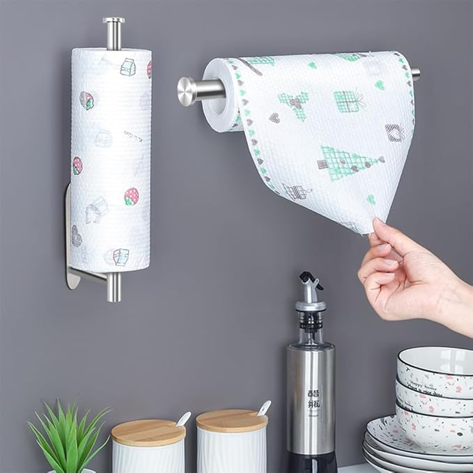 MGahyi Paper Towel Holder Wall Mount, Self Adhesive Or Drilling Paper Towel Holder Under Cabinet, 13.2 inch Stainless Steel Kitchen Paper Towel Roll Rack, Bathroom Towel Hanger(Silver, 2*Rectangle)