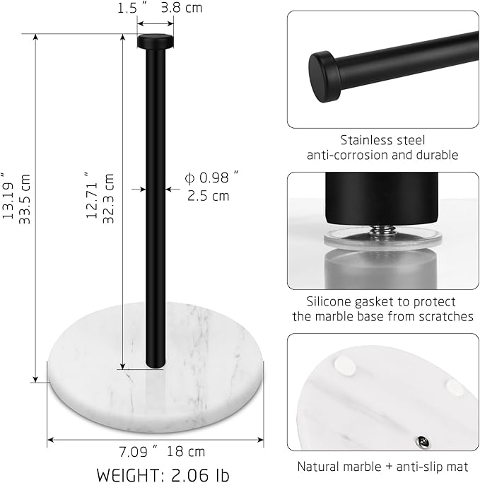 Paper Towel Holder Countertop with 7" Weighted White Marble Base - Modern Free Standing Paper Roll Holder, Matte Black Stainless Steel Stand Paper Towel Holder for Kitchen and Bathroom