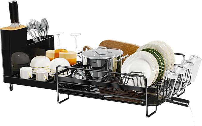 Runnatal Large Dish Drying Rack with Drainboard Set, Dish Rack, Extendable Dish Rack, Utensil Holder, Cup Holder, Expandable Dish Drainer for Kitchen Counter, 20.5"-27.6" L x 12.6" W