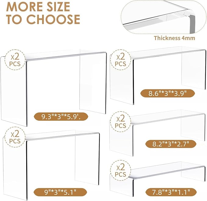 Anglelife 10 Pcs Acrylic Risers, 2 Set 5 Size Rectangular Large Display Risers Shelf, Clear Acrylic Display Stand Cupcake Stand, Display Shelves for Funko Pop Retail Shoe Showcase