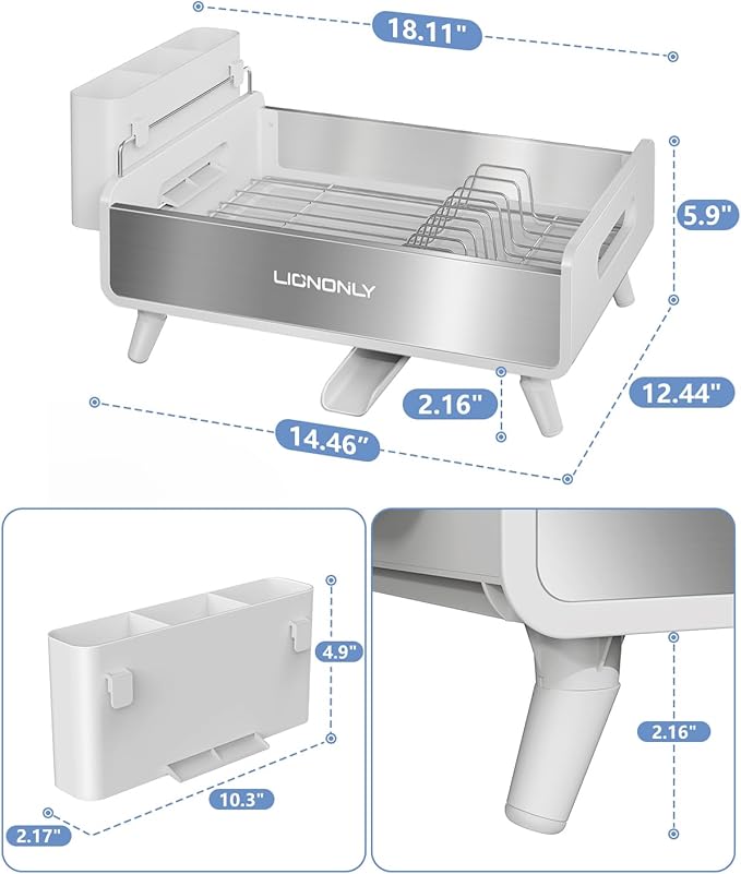 Dish Racks,Extendable Countertop Dish Drying Rack, Dish Drainer & Drainboard Set with Utensil Holder and Cup Holder, White