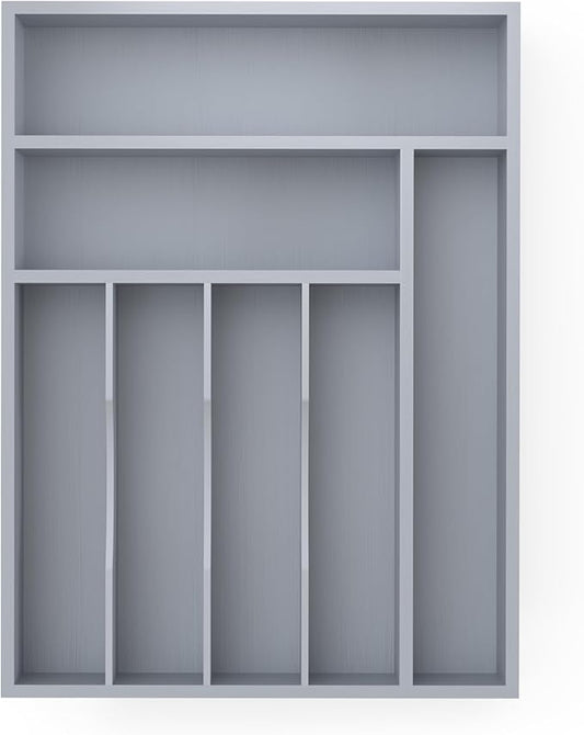 Bamboo Silverware Organizer, Kitchen Drawer Organizer, Utensil Holder, Cutlery Tray & Spoon Flatware Storage with Grooved Drawer Dividers (7 Slots, Grey)