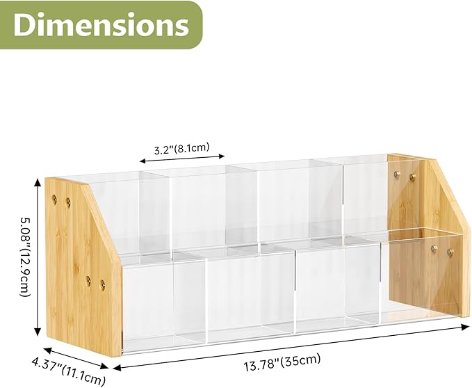 NiHome 2-Tier 8 Compartments Drink Packet Organizer, Bamboo and Clear Acrylic Storage Rack for Tea Bags, Sugar Packets, Flavor Mixes, Seasoning Sachets, Easy Access & Space-Saving Countertop Organizer