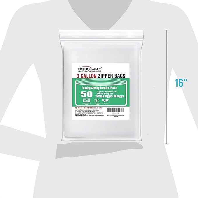 BEIDOU-PAC 3 Gallon Large Plastic Bags with Zipper Top, | 50 Count | 2 Mil | 16" x 18" | Heavy-Duty Reusable Clear Freezer Storage Bags