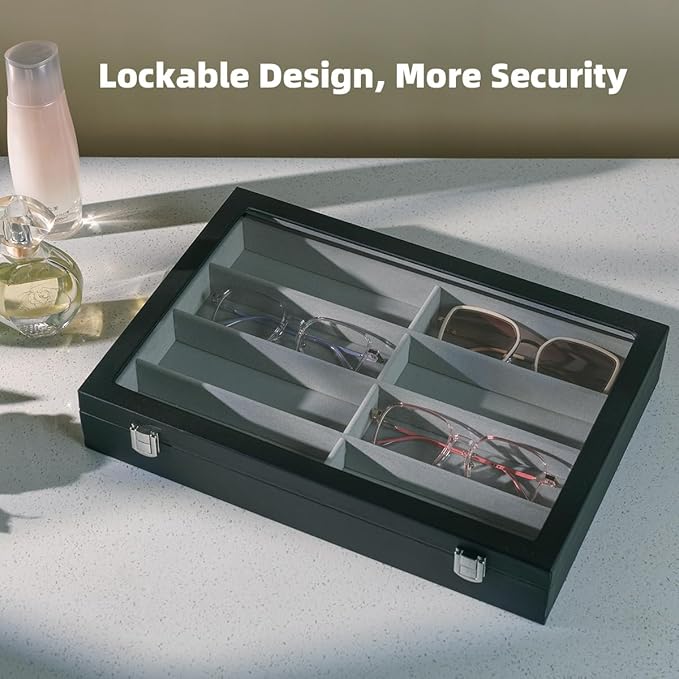 Glasses Holder Box Drawer Sunglass Organizer for Men Clear Wide Storage Case 8 Slots Multiple Reading Glasses Display, Black Leather With Clear Glass Lid