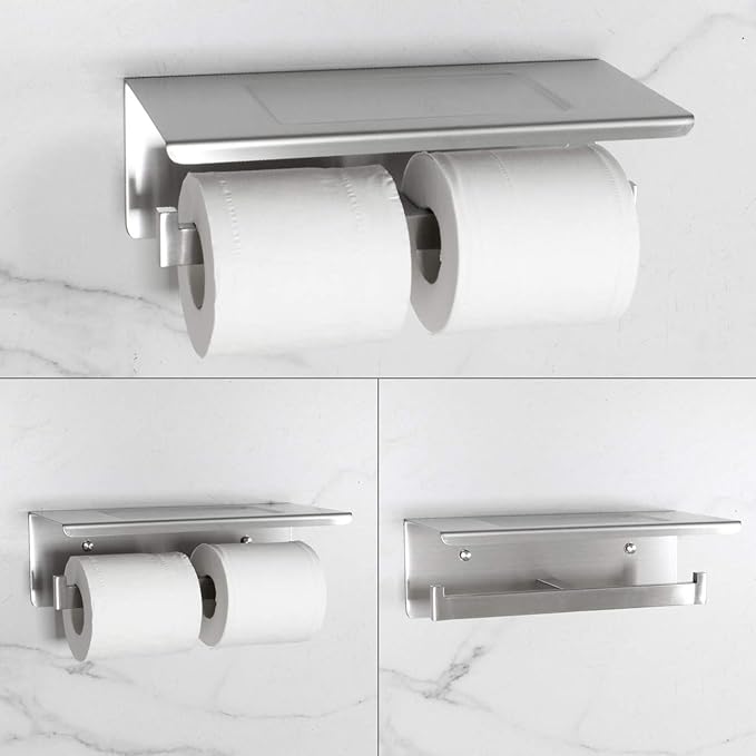Bathroom Toilet Paper Holder with Shelf, Stainless Steel Double Roll Toilet Tissue Holder Dual Wall Mounted for Mobile Phone Storage, Brushed Finish