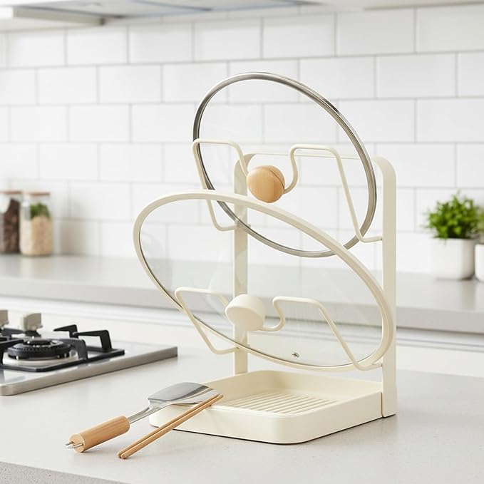 Asaint Kitchen Pot Lid Storage Rack,Countertop Pot Lid Holder With Spoon Rest,Multifunctional Pot Lid Organizer with Removable Drip Tray for Countertop Kitchen Space Tidy (White 2pcs)