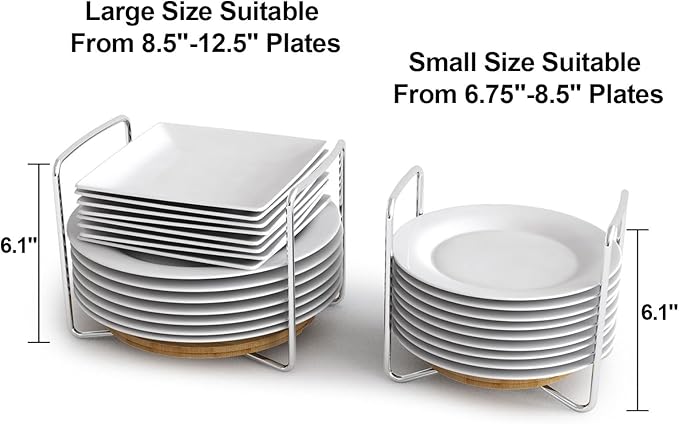 Dish Rack for Kitchen Countertop Organizer - Bamboo Plate Organizer for Cabinet Space Saver, Adjustable Stainless Steel 304 Plate and Bowl Holder with Portable Handle for Drawer Cupboard Shelf RV