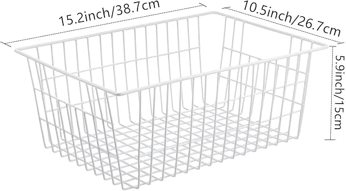 GEDLIRE 15.2" Metal Wire Baskets for Organizing 6 Pack, Household Pantry Storage Freezer Organizer Bins with Handles, Freezer Baskets for Upright Freezer, Refrigerators, Kitchen Cabinets, White