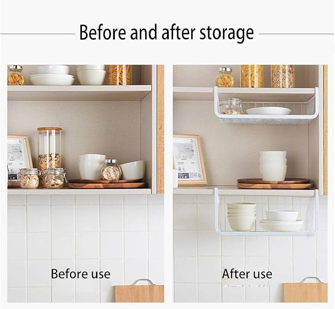 Under Shelf Storage - 2 Pack Under Cabinet Hanging Storage Organizer Metal White for Kitchen Pantry Desk Bookshelf