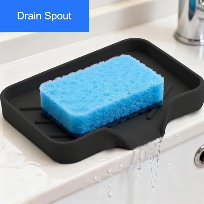 Sponge Holder with Drain Spout, Silicone Sponge Tray for Kitchen Sink, Rubber Soap Dish for Shower Bathroom (Black, 4.7" x 3.6")