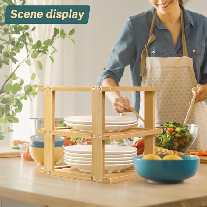 Bamboo Plate Organizer Kitchen Cabinet Organizer 3 Tier Corner Counter Shelf for Plate Dish Bathroom Countertop Shelves, Natural