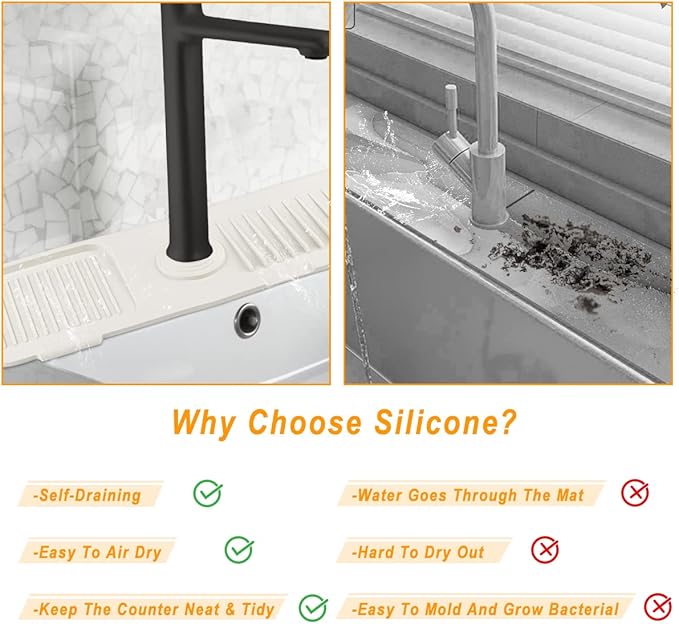 Sink Splash Guard, Silicone Sink Faucet Mat Sink Accessories Faucet Absorbent Mat for Kitchen, Bathroom, Sink Sponge Holder (White)