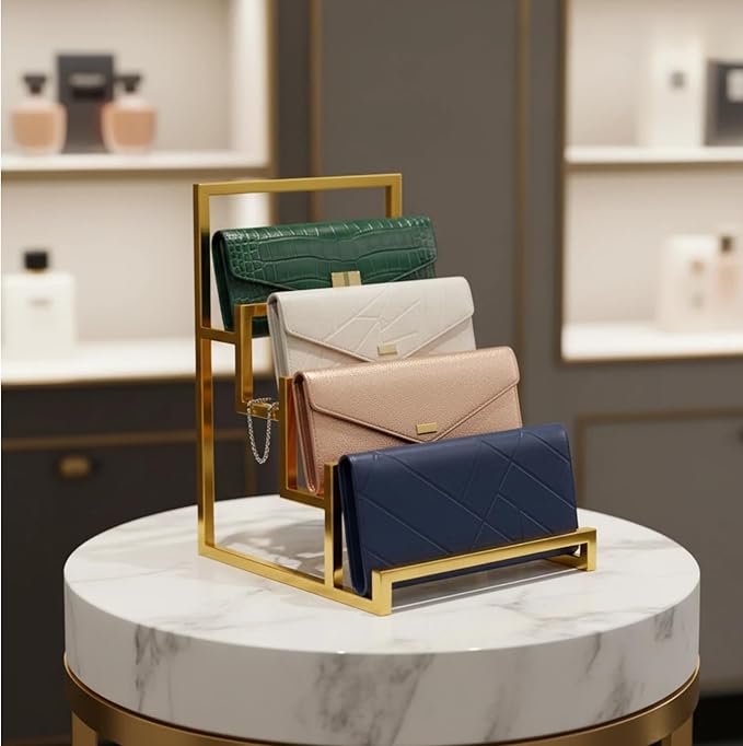 4-Tier Wallet Display Stand 2 Pack Gold , Metal Purse Organizer for Closet Countertop, Handbag Holder Rack Riser Shelf for Wallets Clutch Bags Retail Boutique Store Display