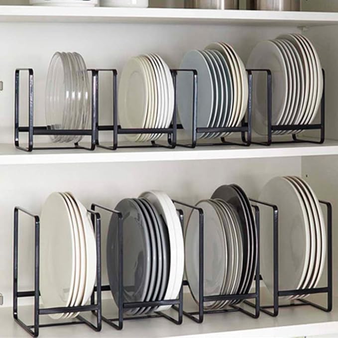 2PCS Plate Holders Organizer, Metal Dish Storage Dying Display Rack for Cabinet, Counter and Cupboard - Black