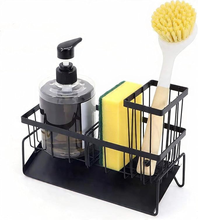 Black Sponge Holder, Kitchen Sink Caddy Organizer, Rustproof with Drip Tray for Soap Dispenser, Brushes & Sponges, Countertop Sponge Dock with Drain Pan