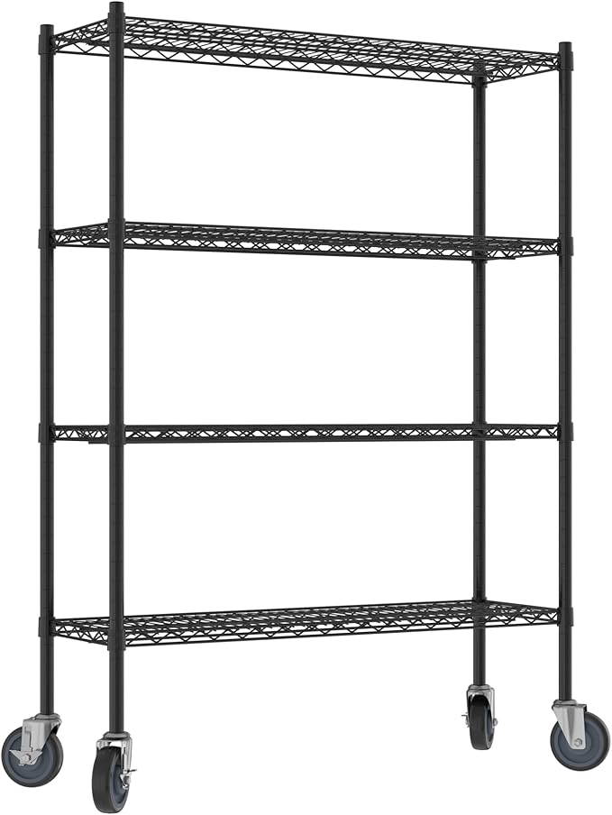 Commercial NSF Listed Black Epoxy Mobile Wire Shelving Kit 14" x 42" x 60", with 4 Shelves Perfect for Warehouse, Walk-in Refrigerator, Freezer, Grocery Store, Restaurant, Dishroom