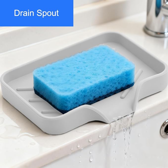Sponge Holder with Drain Spout, Silicone Sponge Tray for Kitchen Sink, Rubber Soap Dish for Shower Bathroom (Beige, 4.7" x 3.6")