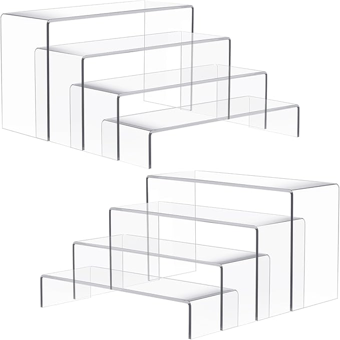 Anglelife 8 Pieces Large Display Risers, 4" Wide Clear Rectangular Tabletop Shelf for Showcase Collectibles, Acrylic Stand for Retail Desktop Jewelry Funko Pop Figures
