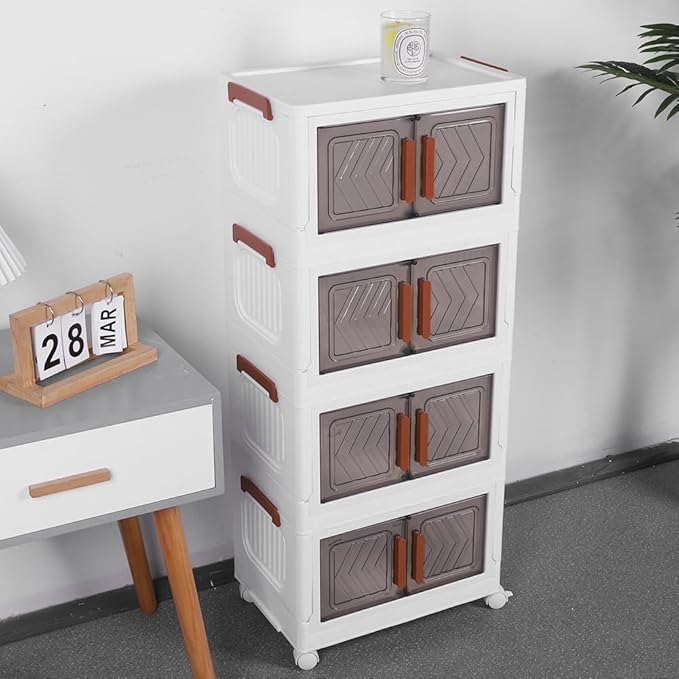 ETOYA 4-Tier Stackable Storage Bins with Lids & Wheels - 14.96"x10.24"x35.43" Collapsible Organizer Foldable Container, Plastic Storage Containers for Living Room, Office, Dorm Organization