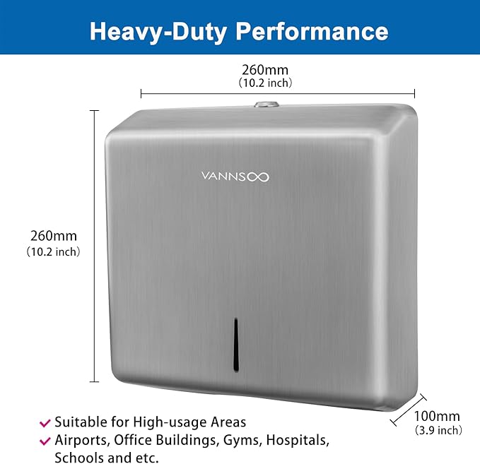 Commercial Paper Towel Dispenser Wall Mount, Brushed Stainless Steel Paper Towel Holder for Bathroom, Large Capacity 250 C-fold/Tri-fold/Multifold