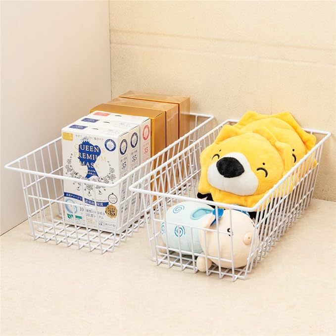 blitzlabs Wire Storage Basket Freezer Organizer Bins Food Storage Baskets with Handles Pantry Organizer for Kitchen Cabinets Closet Bedroom Bathroom,Set of 2,White