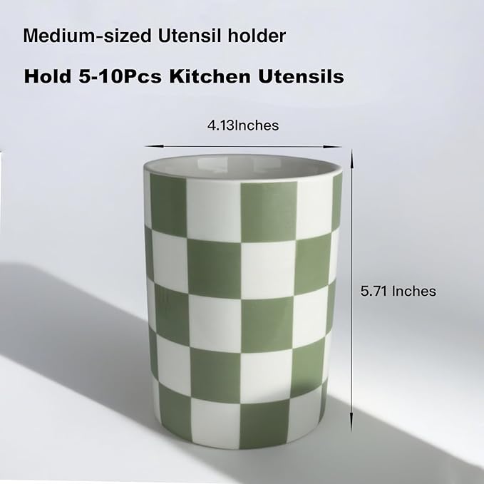 Checkered Utensil Holder, 4.13''x5.71" Utensils Caddy for Kitchen Counter, Medium Size Utensil Crock for Countertop, Utensils Organizer Storage for Parties Dining-Modern Sage Green and White