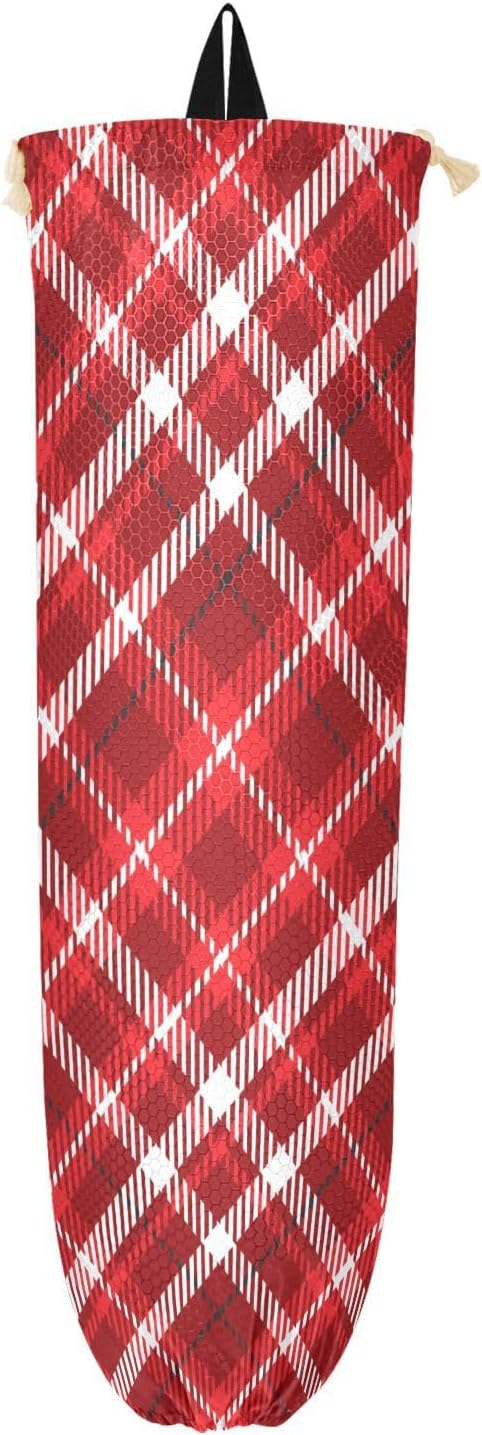 2 PCS Wall Mount Grocery Bag Holder - Red Plastic Plaid Dispenser for Kitchen, Closet - 22 x 9 Inch