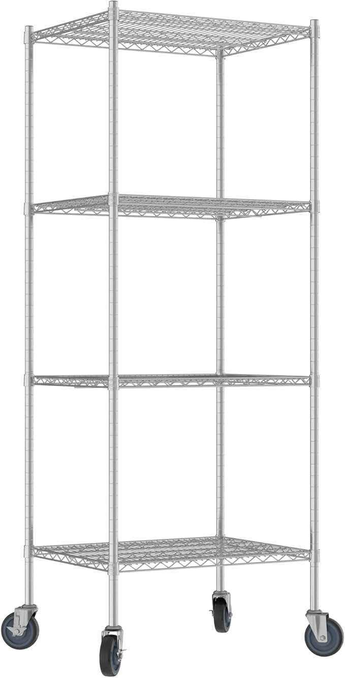 Commercial NSF Listed Chrome Mobile Wire Shelving Kit 24" x 30" x 80", with 4 Shelves Perfect for Warehouse, Walk-in Refrigerator, Freezer, Grocery Store, Restaurant, Dishroom